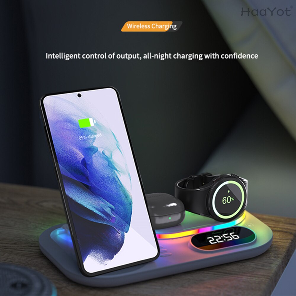 Time Display LED Wireless Charging Station 30W 4 in 1 Wireless Charger For Samsung Galaxy S22/S21 Flip 3 Watch 4/Buds Iphone 13