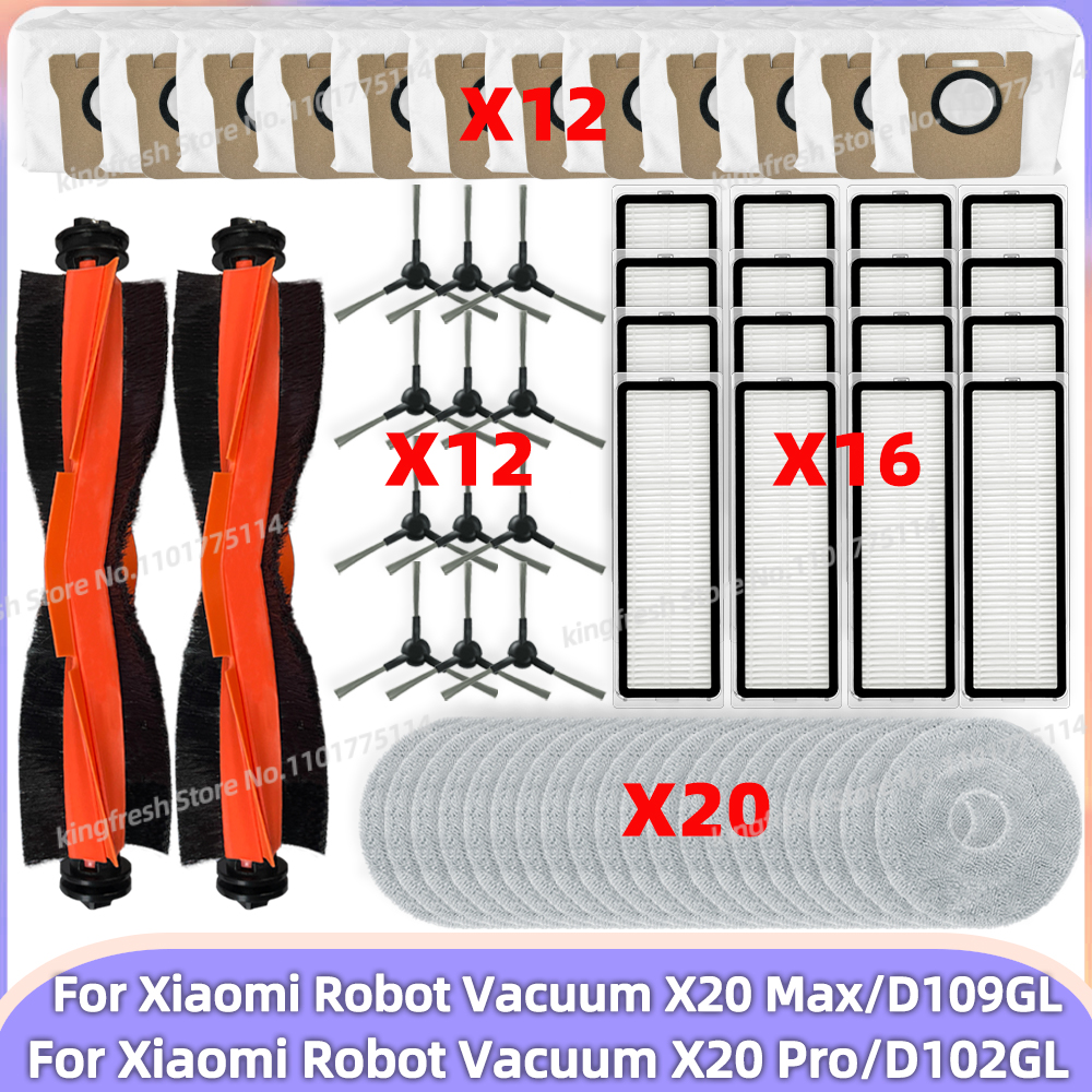 Compatível com ( Xiaomi Robot Vacuum X20 Max / D109GL, Xiaomi Robot Vacuum X20 Pro / D102GL ) Peças Rolo Principal Escova Lateral Filtro Hepa Pano de Esfregão Saco de Poeira Acessórios