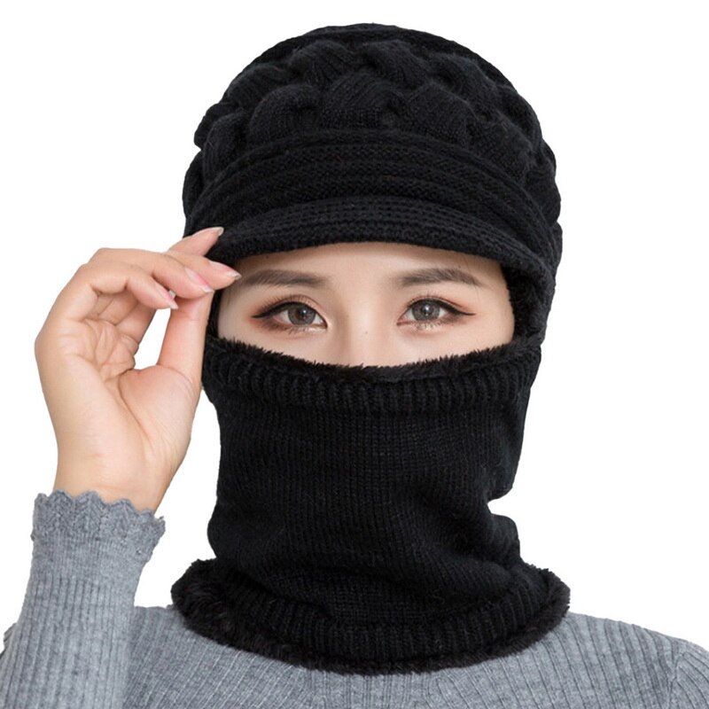 Dames winter warme wollen muts met dikke bib masker en gehoorbescherming muts dames warme gebreide wollen muts stofdichte fietsmutsen: E778924