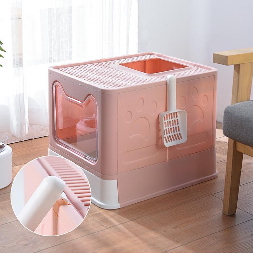 Caja de arena plegable con tapa para gato, inodoro para mascotas, orinal de entrada superior con cuchara, con habitación interior grande