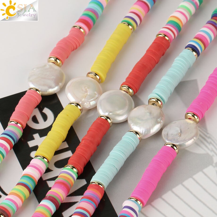 CSJA Böhmischen Perle Halsketten für Frauen Regenbogen Weichen Keramik Reize Boho Halskette Bunte Perle Ethnischen Stil Schmuck S538