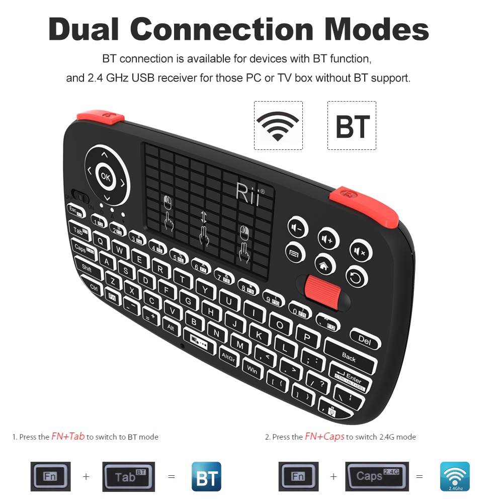 Rii i4 Mini Bluetooth Keyboard 2.4GHz Dual Modes Handheld Fingerboard Backlit Mouse Touchpad Remote Control for Windows Android
