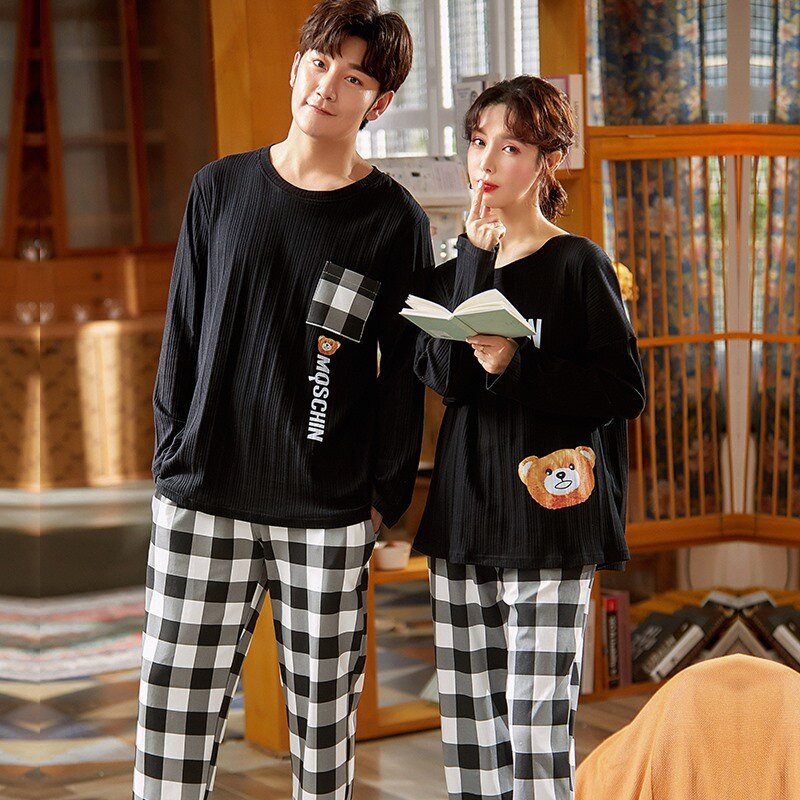 SONG Spring Summer Couples Pajama Sets For Women Men Long Sleeves Cotton Casual Pyjamas Home Suit 2 Pieces Sweet Match