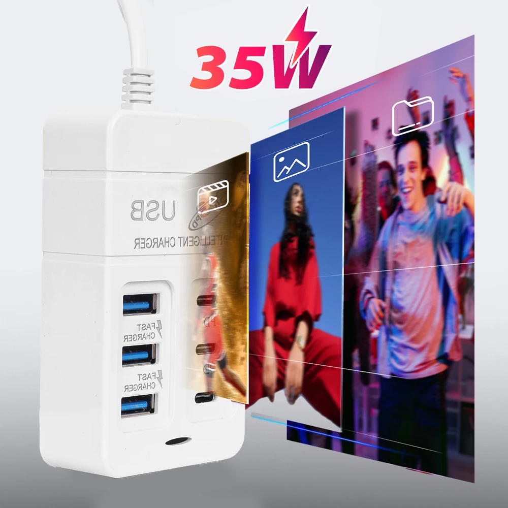 Cargador USB multipuerto de 6 puertos, 35W, PD tipo C, carga rápida para teléfono móvil, cargadores de pared tipo C, adaptador de concentrador tipo C, enchufe UE, EE. UU., Reino Unido