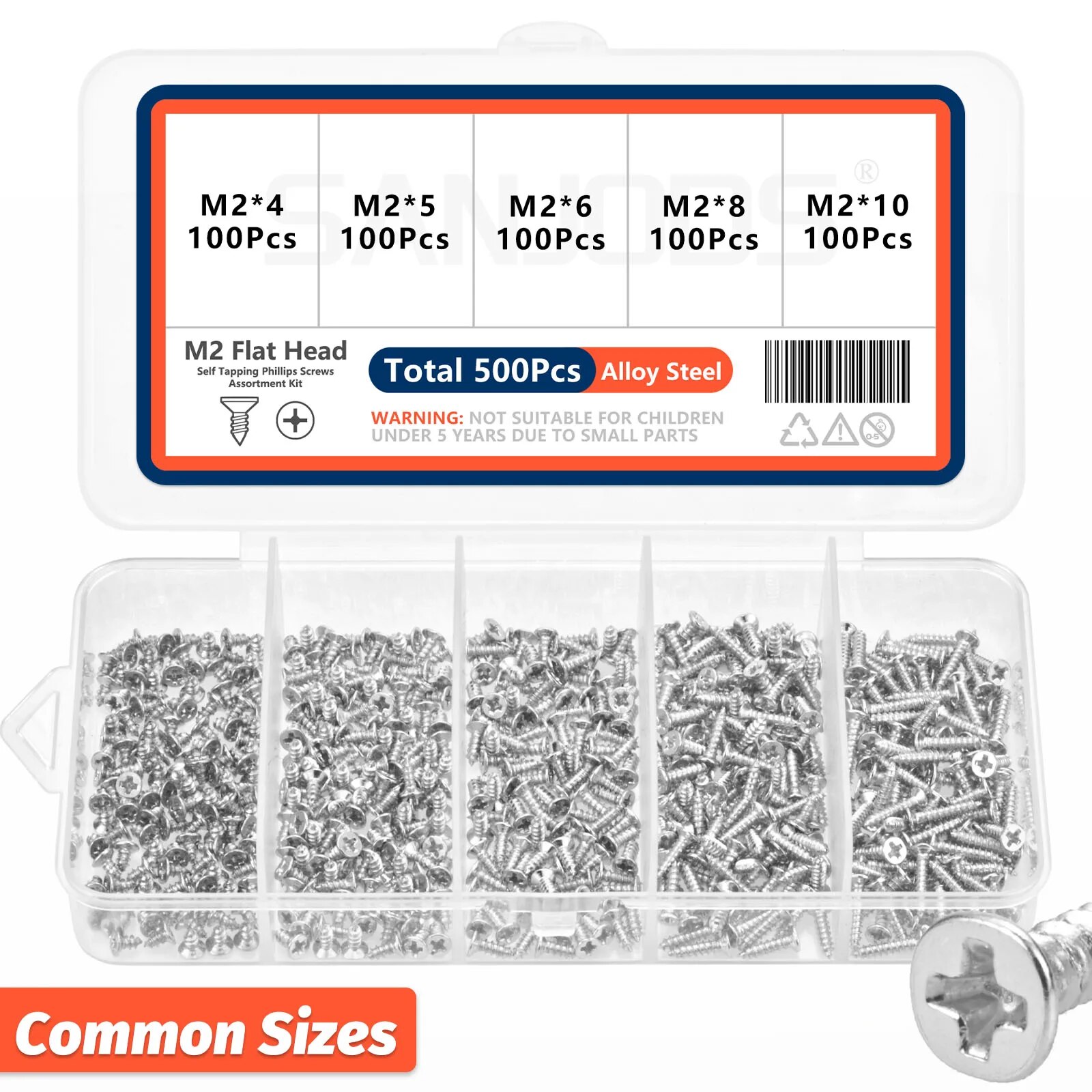 500 stks M2 Zelftappende Phillips Schroeven Assortiment Kit 5 Maten Gelegeerd Staal Cross Drive Platte Kop Zelfborende Hout Schroeven DIY: Default Title
