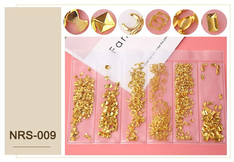 1 pack mix 3d diy ihåliga metallramar nagelkonstdekorationer guld silver nagel strass pärla nitar manikyrtillbehör: 009