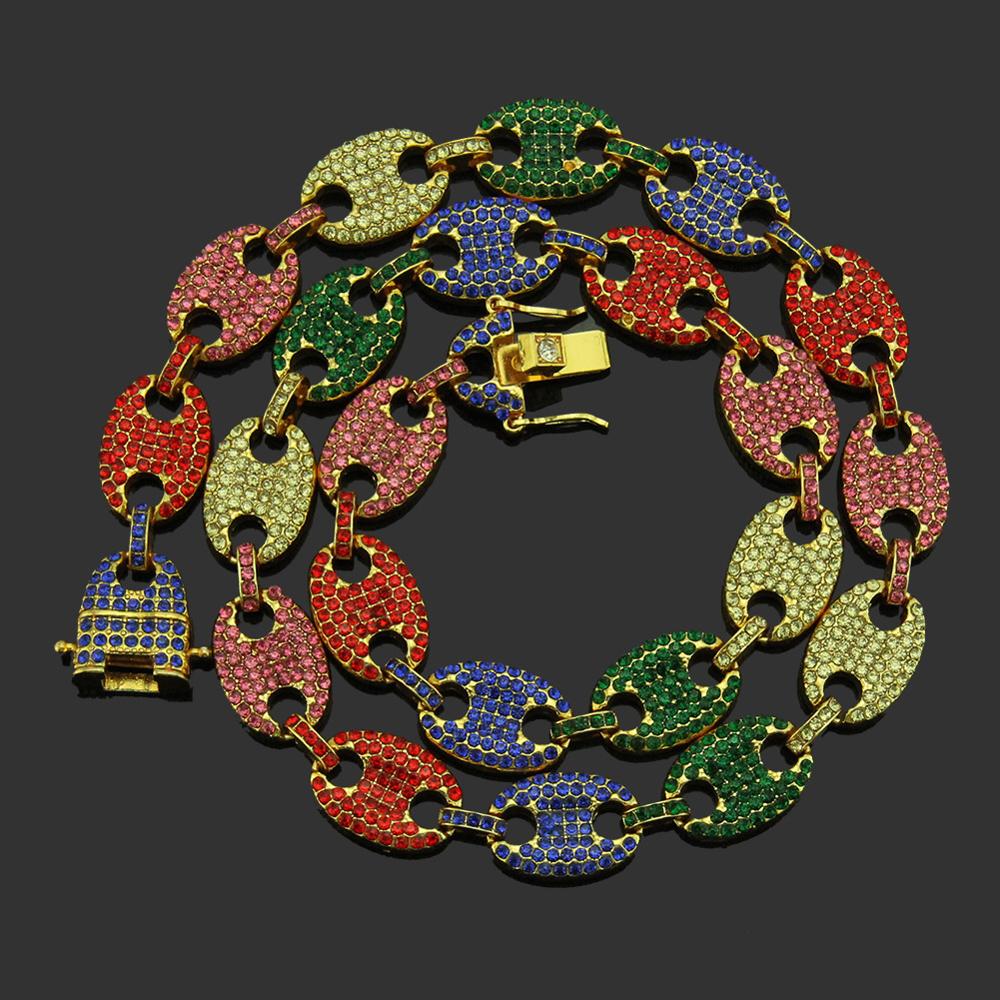 HIP HOP Punk Iced Out Zircon Multi-Colors Coffee Bean Pig Nose Rhinestone Necklace Charm Link Chain Bling Necklaces Men Jeweley