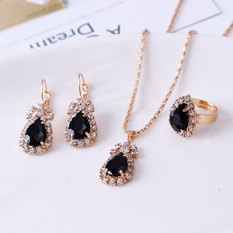 Trendy Party Goud Kleur Water Shape Crystal Oorbellen Ketting Verstelbare Ringen Bruids Sieraden Sets Voor Vrouwen: Black