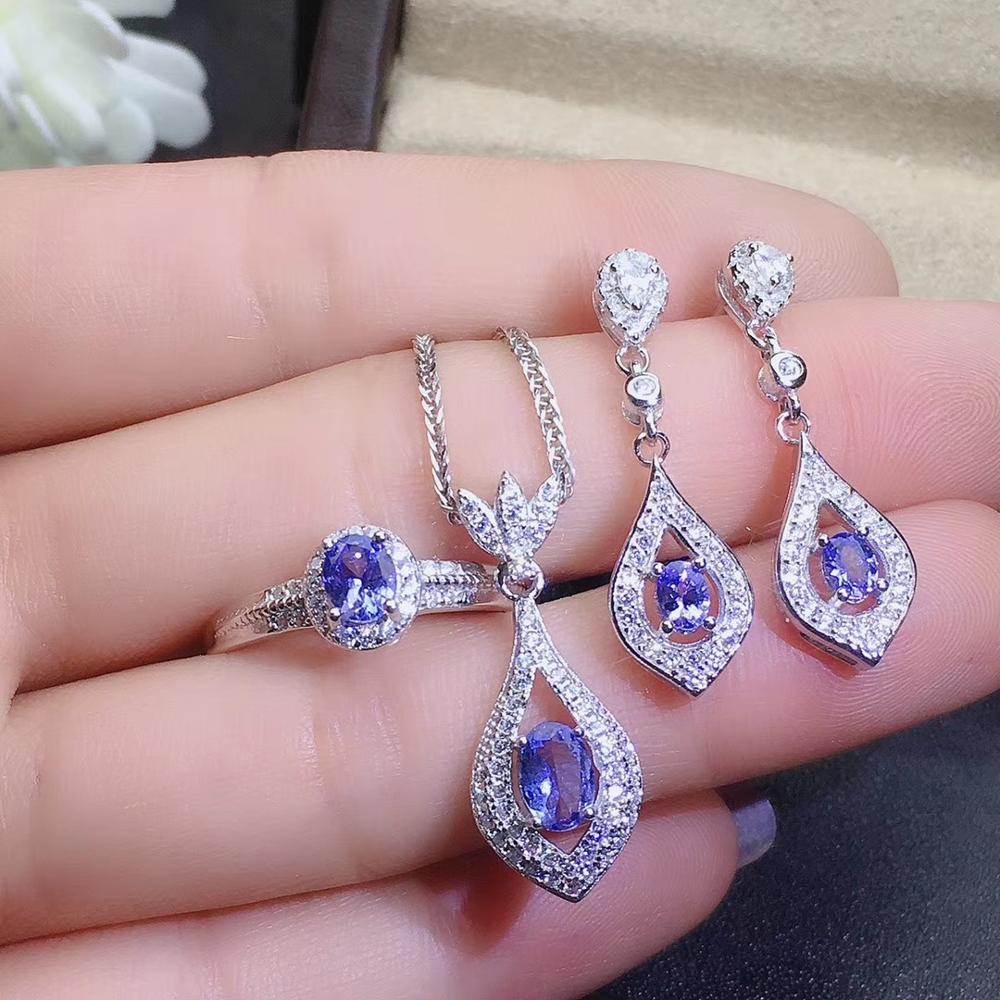 KJJEAXCMY fine jewelry 925 Sterling Silver Natural Tanzanite Girl Ring Pendant Earring Necklace 3 Piece Set Water Suppo