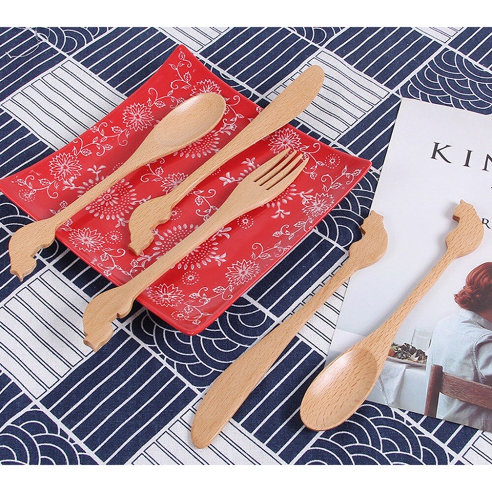 1/3 PCS Wooden Spoon Bamboo Kitchen Cooking Utensil Animal Fork Pattern Kids Spoon Eating Tool Soup-Teaspoon Tableware Catering