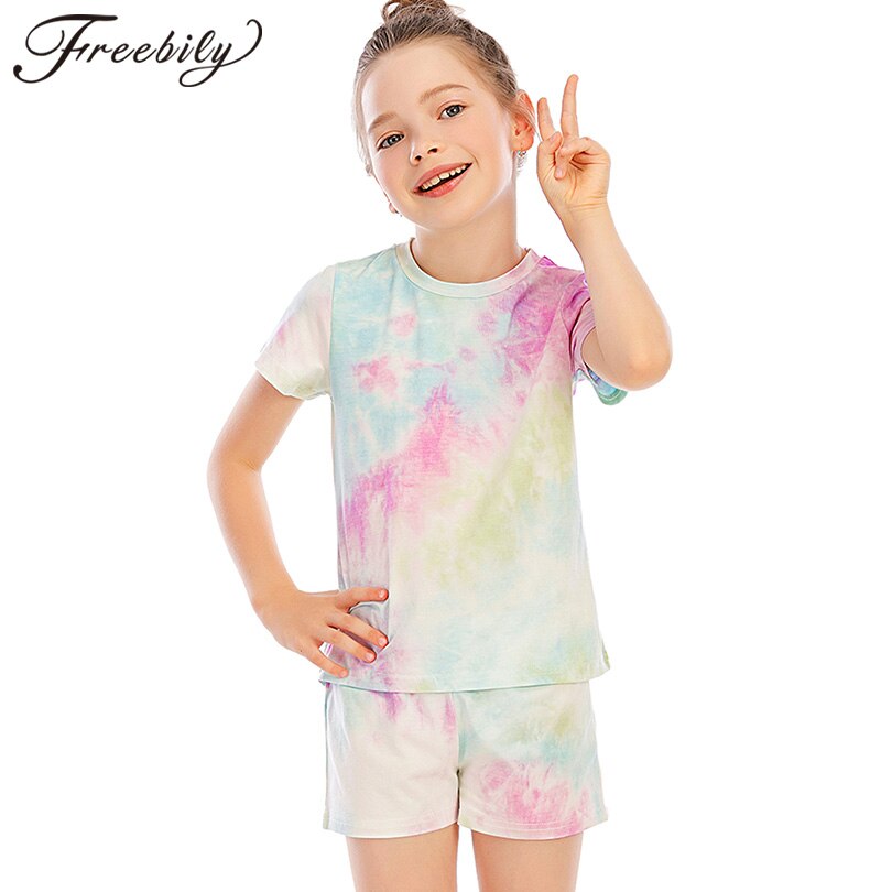 Sommer Baumwolle Homewear Nachtwäsche binden Farbstoff Kurzen Ärmeln oben und kurze Hose verlieren Outfit freundlicher Mädchen Sport Anzug setzt