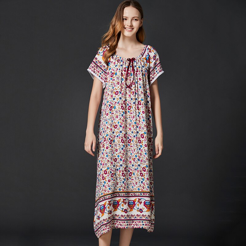 Lente Viscose Nachthemden Vrouwen Korte Mouw Bloemen Nachthemd Sleepshirt Ademende Zomer Thuis Jurk Gown Sleepdress Homewear: Pink / XL Fit 70-80 Kg