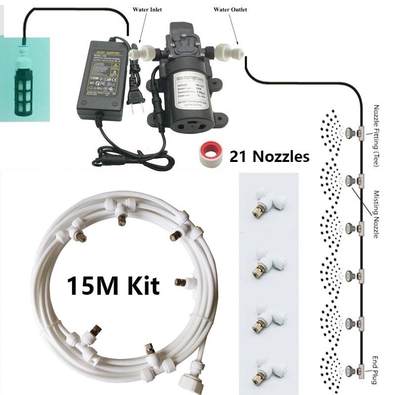 Havevandtåge spraydyse elektrisk pumpe sprøjtesystem forstøver til blomster plante drivhus havevanding 6m-18m: 15m hvide sæt