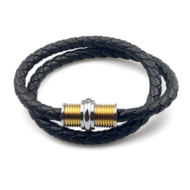 Populære punk mænds to-lags læder charme armbånd magnetisk lås drejelig skrue tråd rustfrit stål smykker kvinder: Gylden / 22.5cm