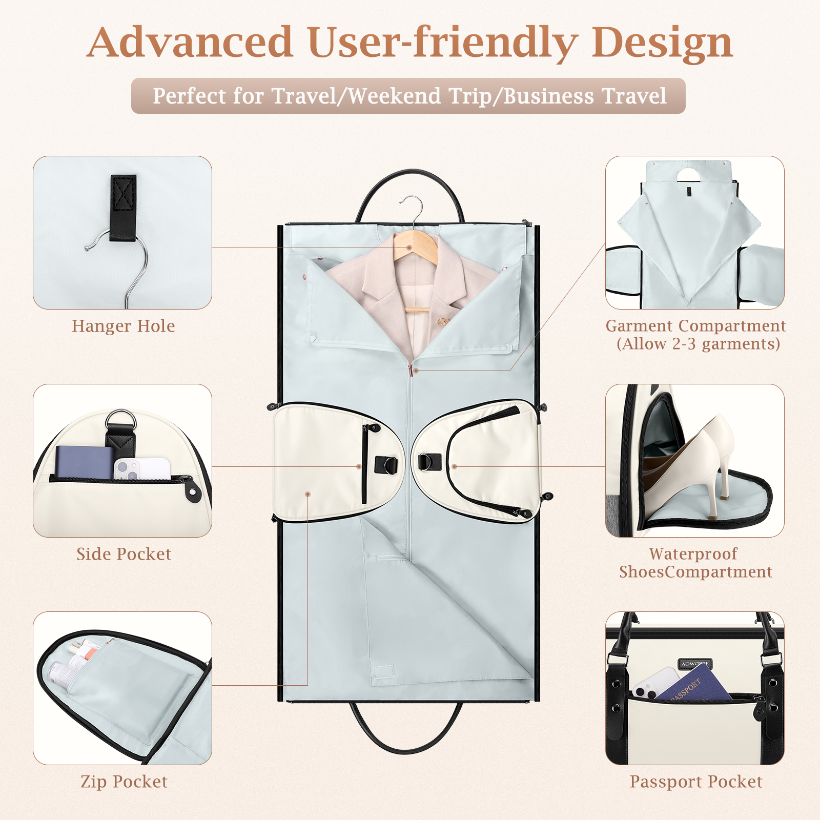 Reiskledingtas, converteerbare plunjezakken voor kleding met schoenenvak Toilettas, handbagage weekendtas
