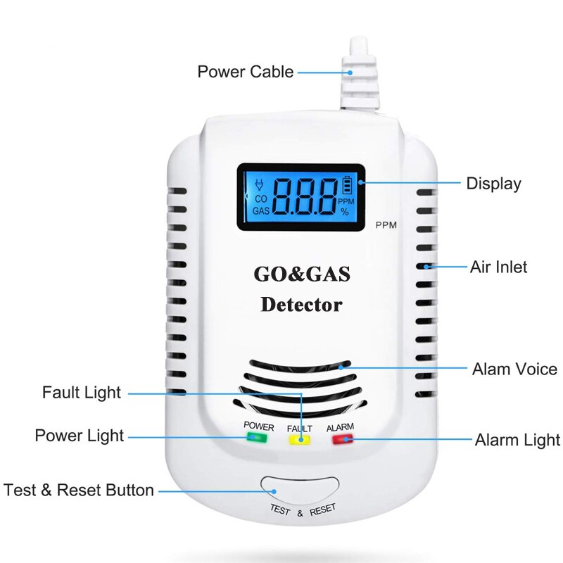 2 in 1 Gas Detector Home Natural Gas Methane Propane CO Alarm Poisonous Gas Leak Sensor Detector