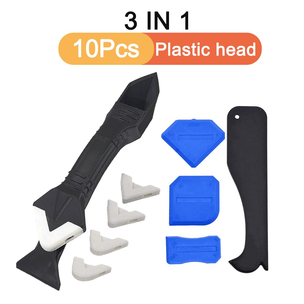 3 In 1 Silicone Sealant Remover Tool Scraper Caulk Mould Smooth Peel Finisher Scraper Grout Removal Useful Hand Tool Kit Set: 10Pcs Plastic Head