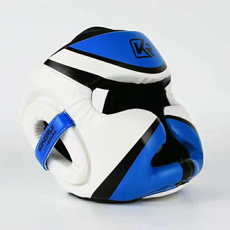 Casque de boxe MMA en Faux cuir, pour l'entraînement, Kickboxing, karaté, Taekwondo, pour hommes et femmes, pour enfants, Muay Thai Free Fight: Bleu / L