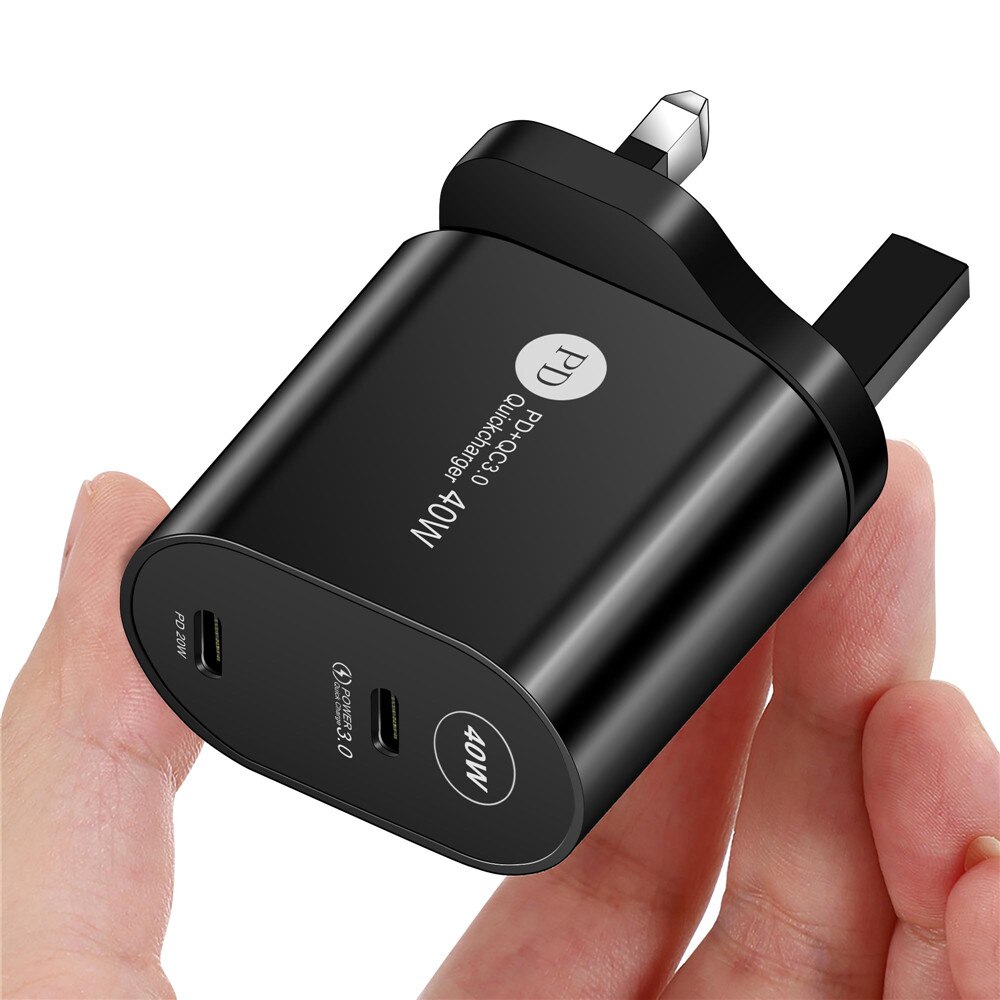 Szybka ładowarka Electop 40W Dual PD USB type-c QC 3.0 szybka ładowarka do iPhone 13 12 11 Pro Max X Xr iPad uniwersalny Adapter: UKBLACK