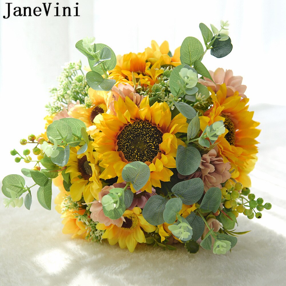JaneVini – Bouquet de mariée tournesol jaune, fausses fleurs, feuilles vertes, roses artificielles, broches de mariée,