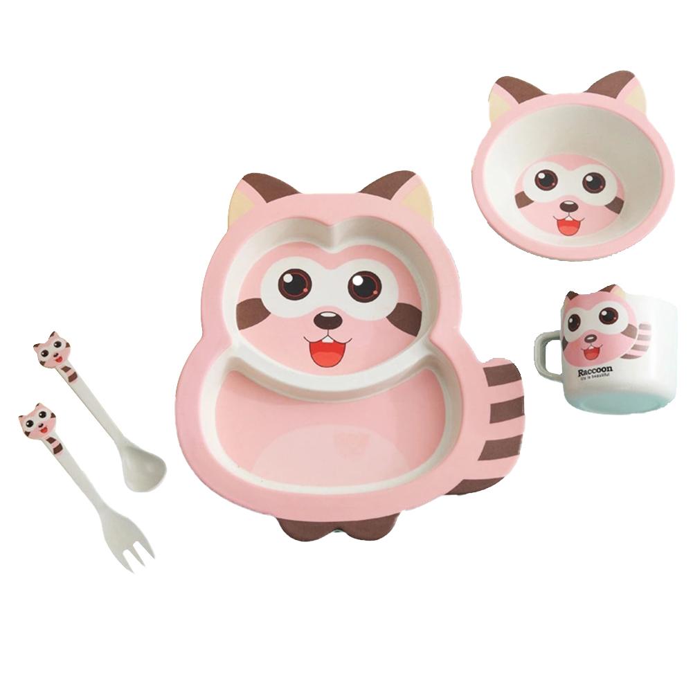 5pcs/set Baby Dish Training Tableware Children Cute Cartoon Feeding Food Dishes Kids Dinnerware with Bowl Cup Spoon Fork Plate: C