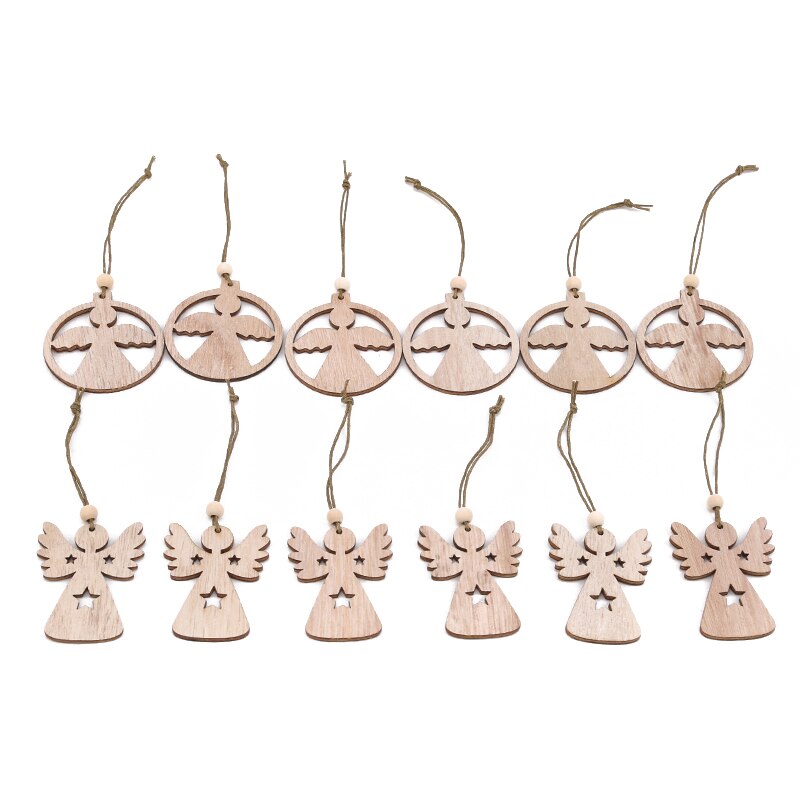 12pcs/Bag Wooden Hollow Out Christmas Snowflake Pendant Tree Decorations Xmas Angel Elk Star Wood Ornaments: F
