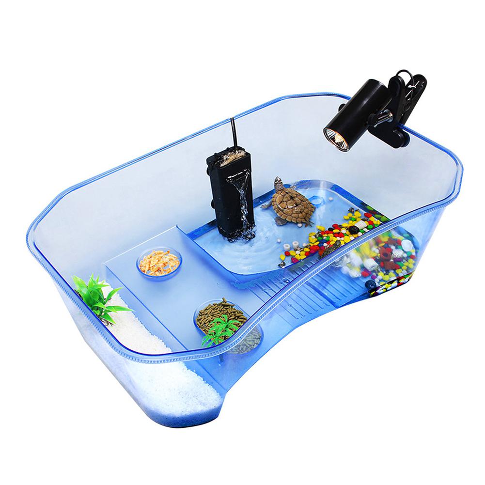 Reptiel, schildpad, terrarium, plastic aquarium, bak met zonnehelling, droogplatform, reptielenkooi: Blauw
