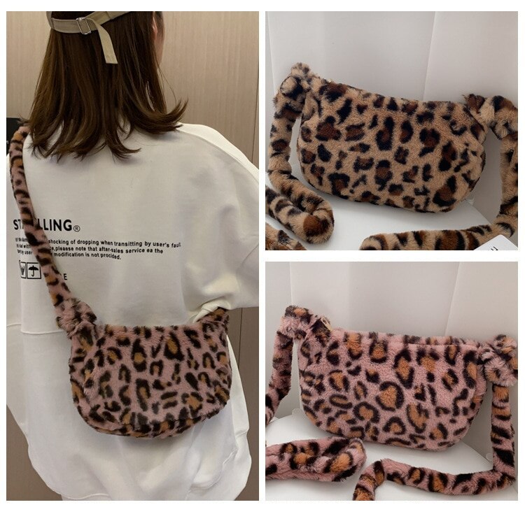 Fluffig kvinnlig handväska liten leopardmönster crossbody väska kvinnor plysch mjuk avslappnad axelväska сумка женск