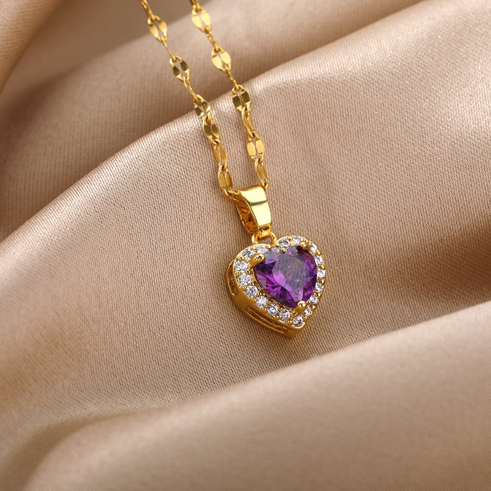 Paarse Kleur Hart Ketting Voor Vrouwen Franse Metal Liefde Sleutelbeen Keten Eenvoudige Zirkoon Hart Choker Hanger Ketting Bijoux Femme