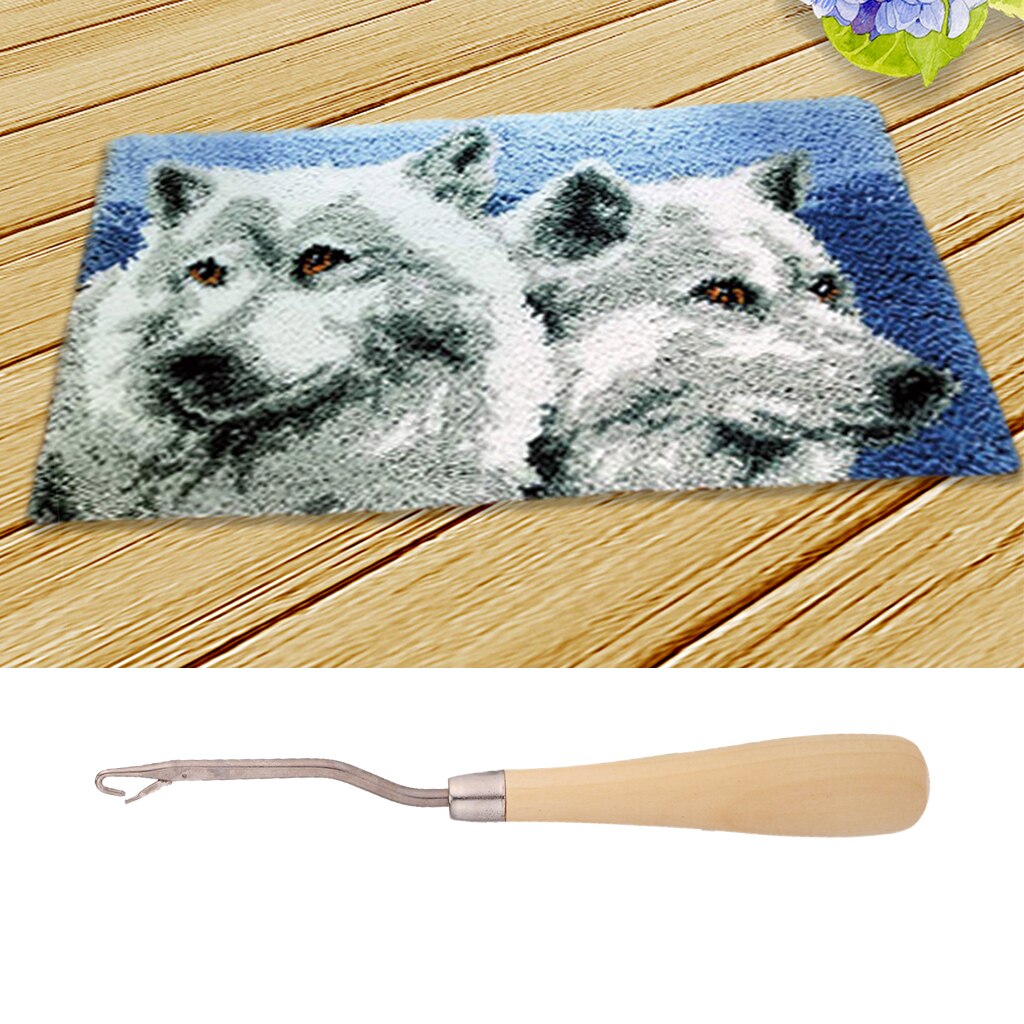 Two Wolf Latch Hook Rug Kit For Boys Embroidery Cushion Wooden Crochet Hook