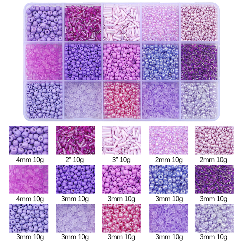 Juego de cuentas de vidrio de 15 colores para hacer pulseras, cuentas espaciadoras sueltas con caja de almacenamiento, Kit de tubos para manualidades, dijes de collares: Lavanda