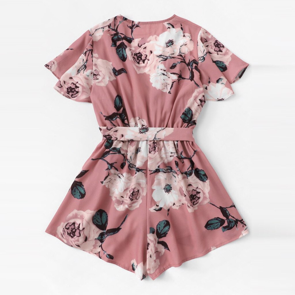 Women's V-Neck Short Sleeve Bow Tie Ladies Summer Shorts Jumpsuit Floral Print Wrap Casual Romper Bohemian Playsuits