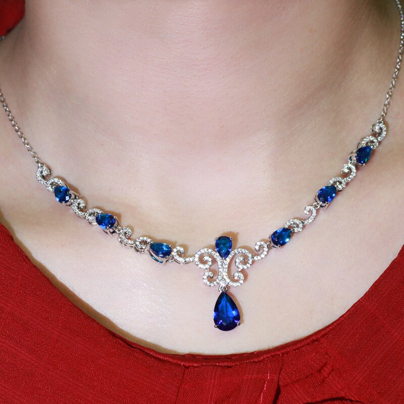 Pera Jahrgang Silber Farbe Zirkonia aufbringen Wasser Tropfen Frauen Hochzeit Halskette Ohrringe königlich Blau CZ Schmuck einstellen J352
