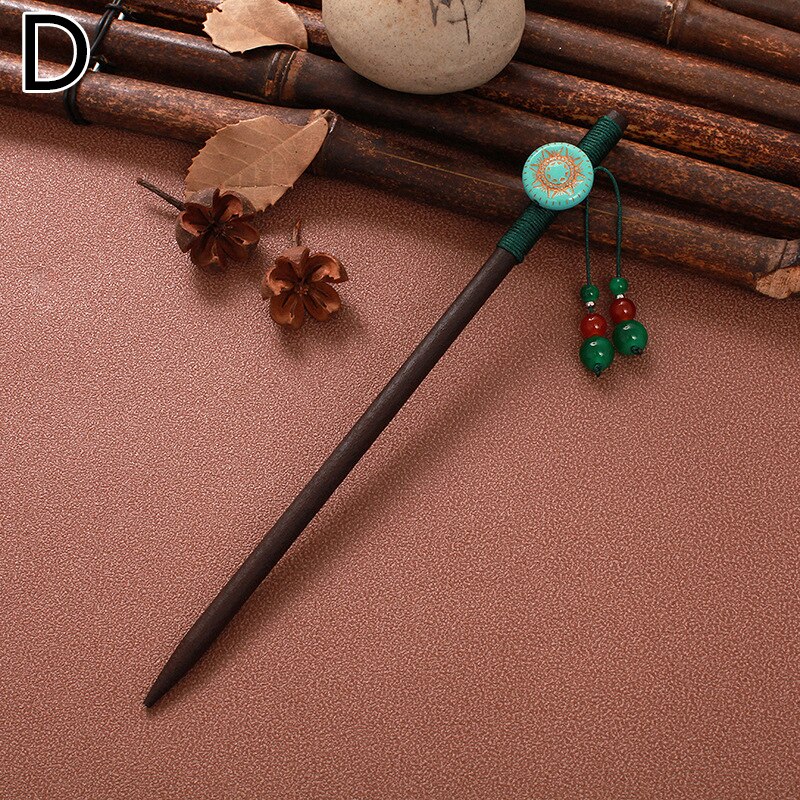 Paletas de madeira estilo chinês, bastão de cabelo artesanal, vintage, com flor, para mulheres, étnicas, acessórios para cabelo: D