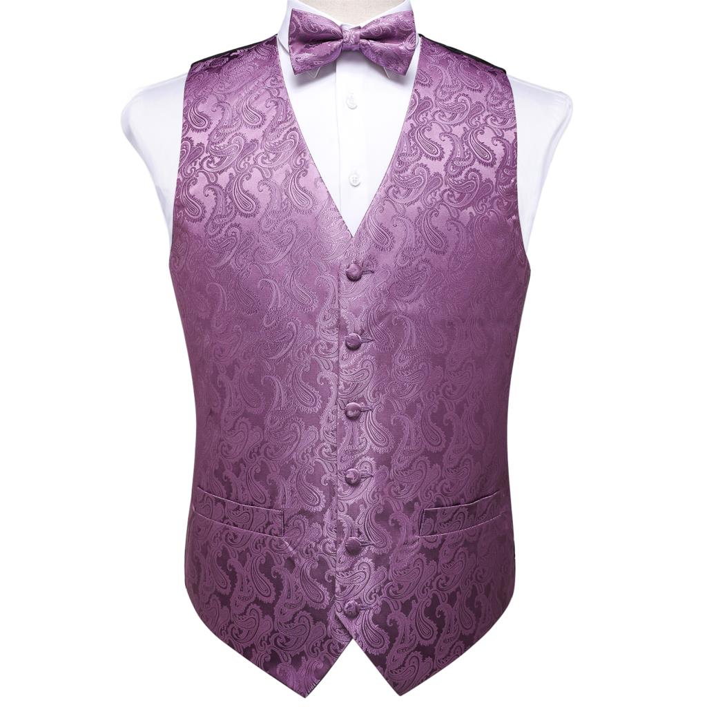 Gilet Paisley violet en soie pour homme, boutons de manchette, nœud papillon, cravate, ensemble pour costume, smoking DiBanGu, MJ-111