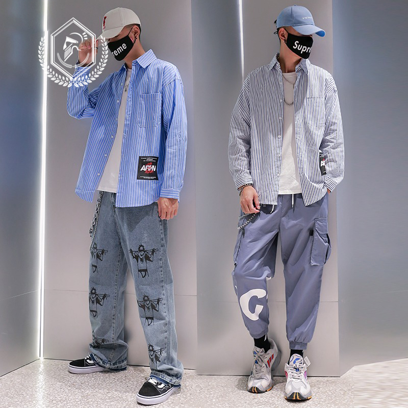 Men Loose Stripe Print Casual Hip Hop Shirts