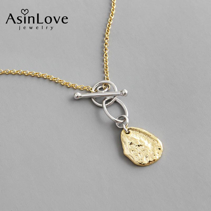 Asinlove Real 925 Sterling Zilveren Ketting Onregelmatige Concave-Convexe Gehamerd 18K Gouden Hanger Ketting Persoonlijkheid Vrouwen Sieraden: GOLD