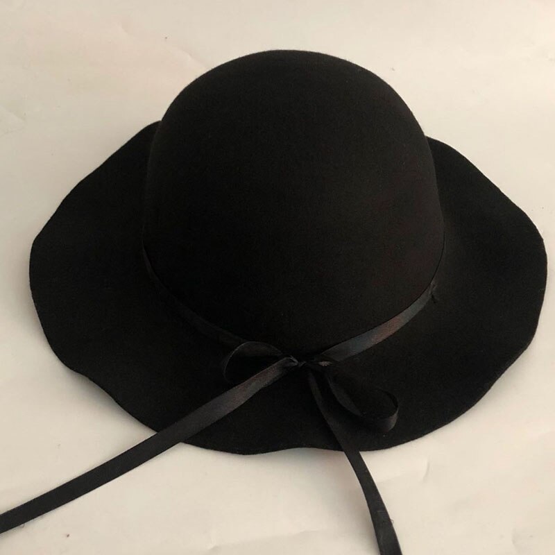 Winter Fedoras Solid Wool Warm Fedoras for Women Girl Spring Jazz Caps Wide Brim Simple Church Derby Flat Top Hats: Black