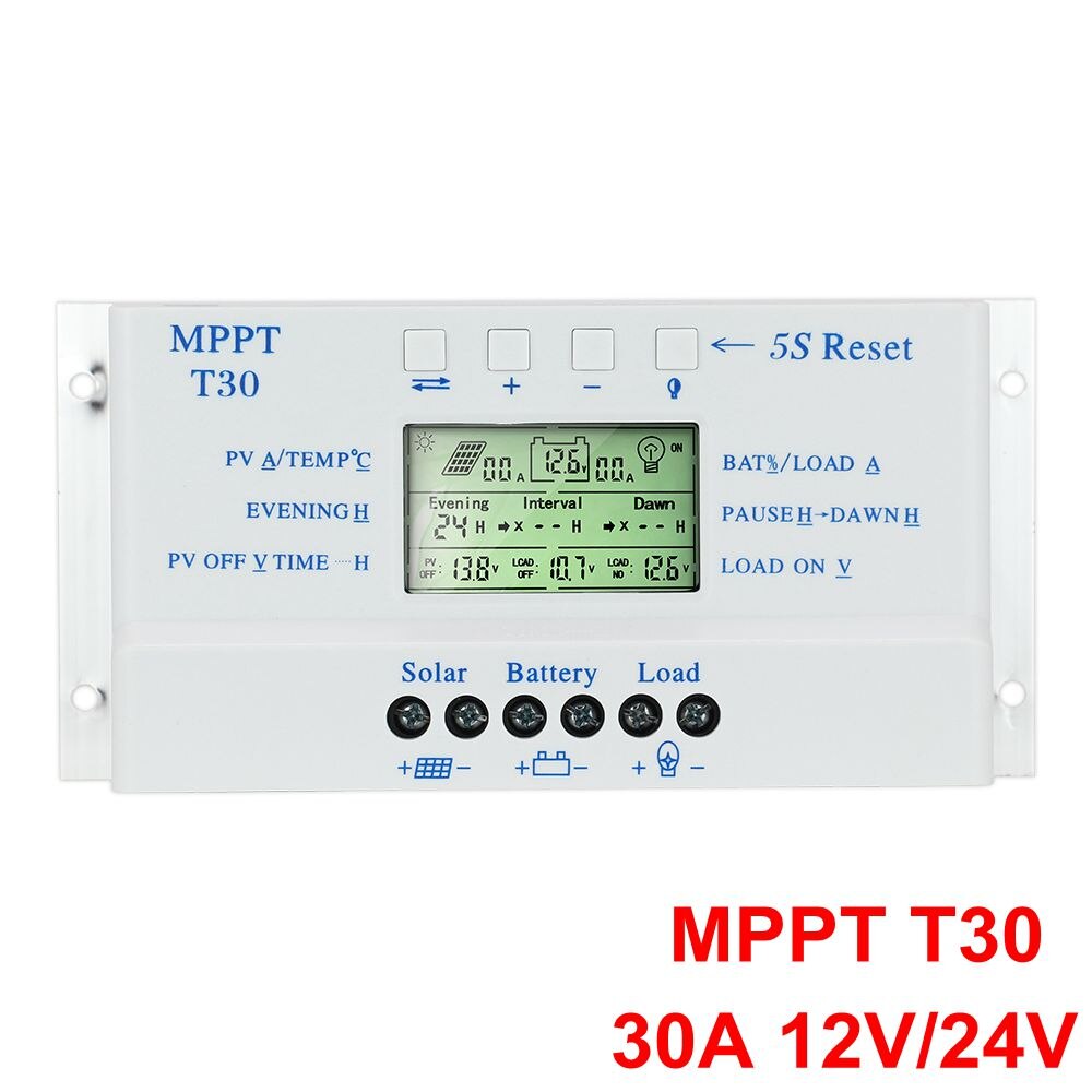 MPPT PWM Solar Controller 20A 30A 40A 60A 80A 12V 24V Solar Cell Panel Battery Charger System Controller Solar Panel Charge Kit: T30