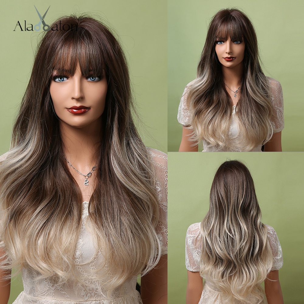 ALAN EATON Ombre Black Brown Long Wave Synthetic Wigs with Full Bangs For Black Women Heat Resistant Fibre Cosplay Party Daily: lc5207-1