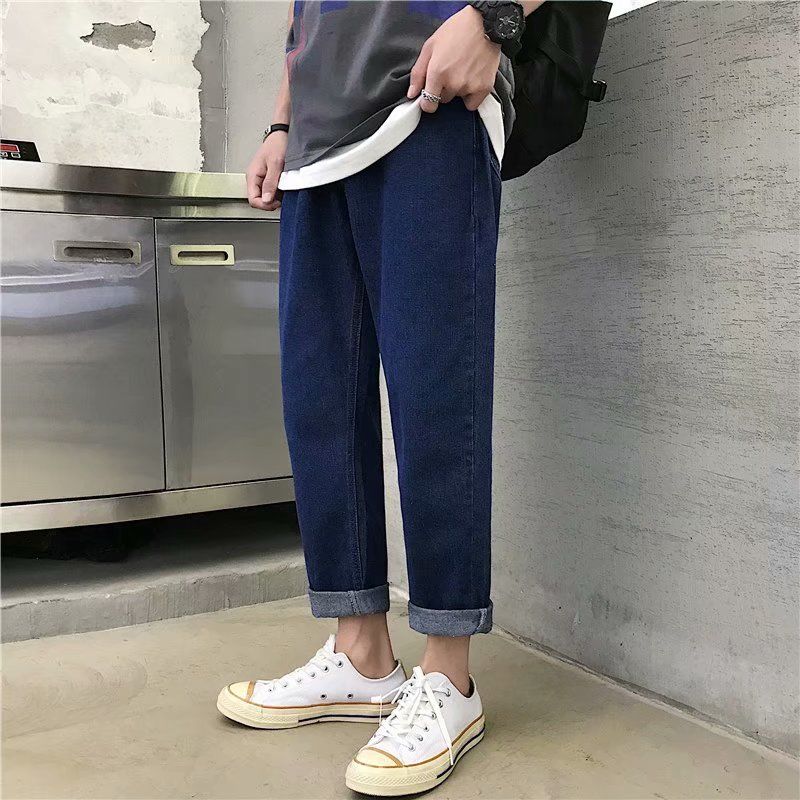 Raka jeans för män plus-size 5xl hål i japansk stil slitna hiphop snygga patchwork lösa byxor herr all-match chic: 810- mörkblå / Xl