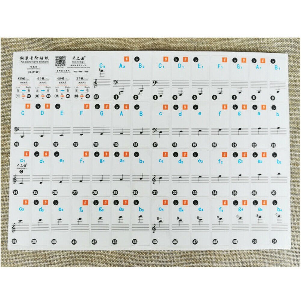 61/88 Key Piano Sticker Music Note Chart Keyboard Adhesive Finger Practice Stickers: C
