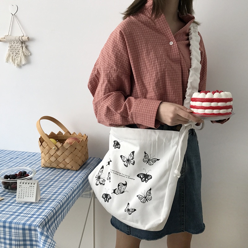 Butterfly Women Canvas Bag Cotton Cloth Fabric Crossbody Bags Lady Large Capacity Shoulder Bag Drawstring Strap