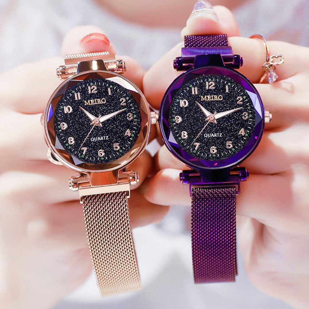 Mode Vrouwen Horloges Sterrenhemel Platte Glas Quartz Horloge Mesh Band Met Magnetische Gesp Luxe Dames Horloge Reloj
