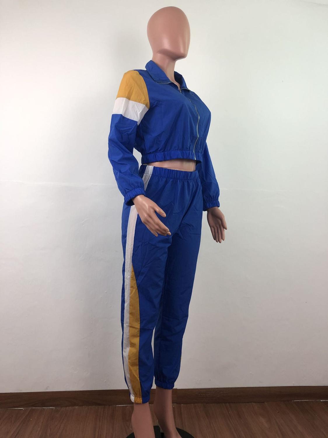 Kvinder farverige patchwork lynlås jakker blyant bukser jakkesæt sporty todelt træningsdragt outfit casual 3 farver s -3xl ld8274