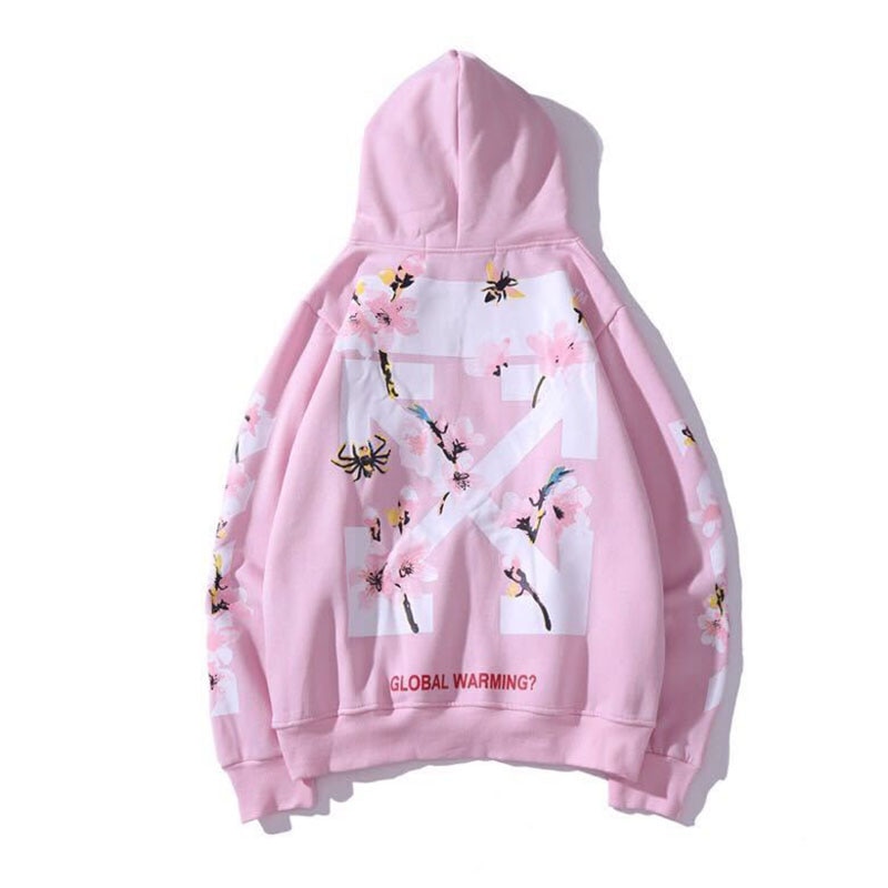 Hip Hop High Street Hoodie Men Sweatshirt Peach Flowers Print Hooded Fleece Harajuku White Pullover Couple Oversized Hoodie