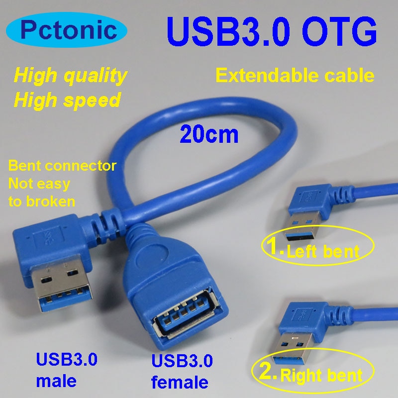 Pctonic USB3.0 Uitschuifbare Kabel Type-A Man-vrouw Type-Een Usb 3.0 Otg Kabel 90 Graden Rechts schuine Bocht Blauw Korte Kabel 20 Cm