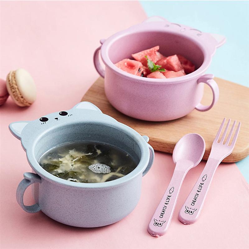 Bol en paille de blé chat, petit bol avec poignée, grande tasse à salade , vaisselle pour enfants