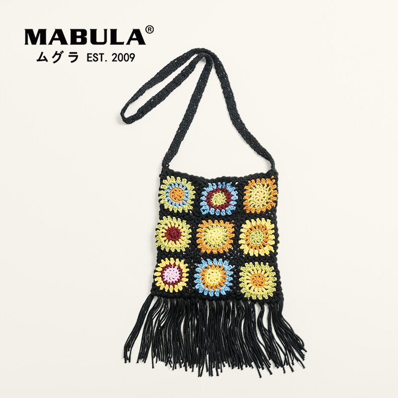 Mabula handgewebte baumwoll-Mini-umhängetaschen für mädchen, gestrickte blumenquasten, stylische schultertasche, kleine handytaschen für damen