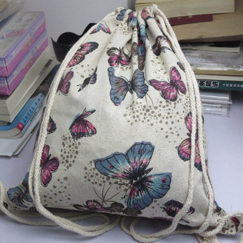 Sac à dos en toile imprimé papillon pour adolescents, avec cordon de serrage, pour l'école: C